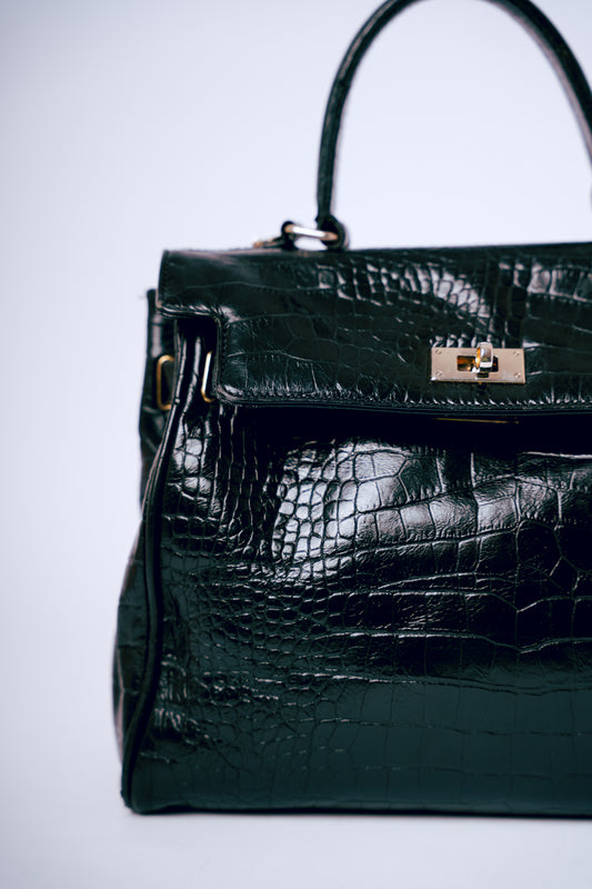 Black with Tightening Straps Crocodile Handbag