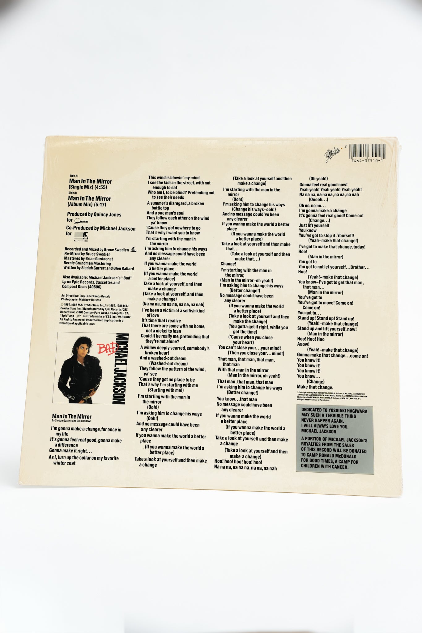 1980s Original Pressing Unopened Michael Jackson Man in the Mirror Record