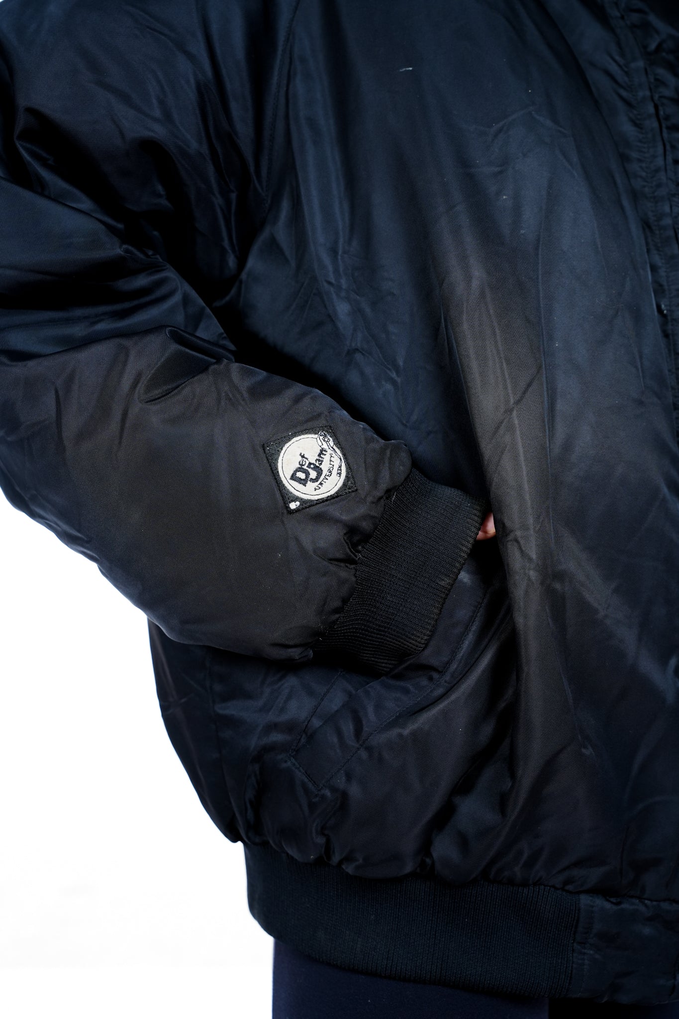 1990s Def Jam University Black Hooded Puffer Bomber Jacket