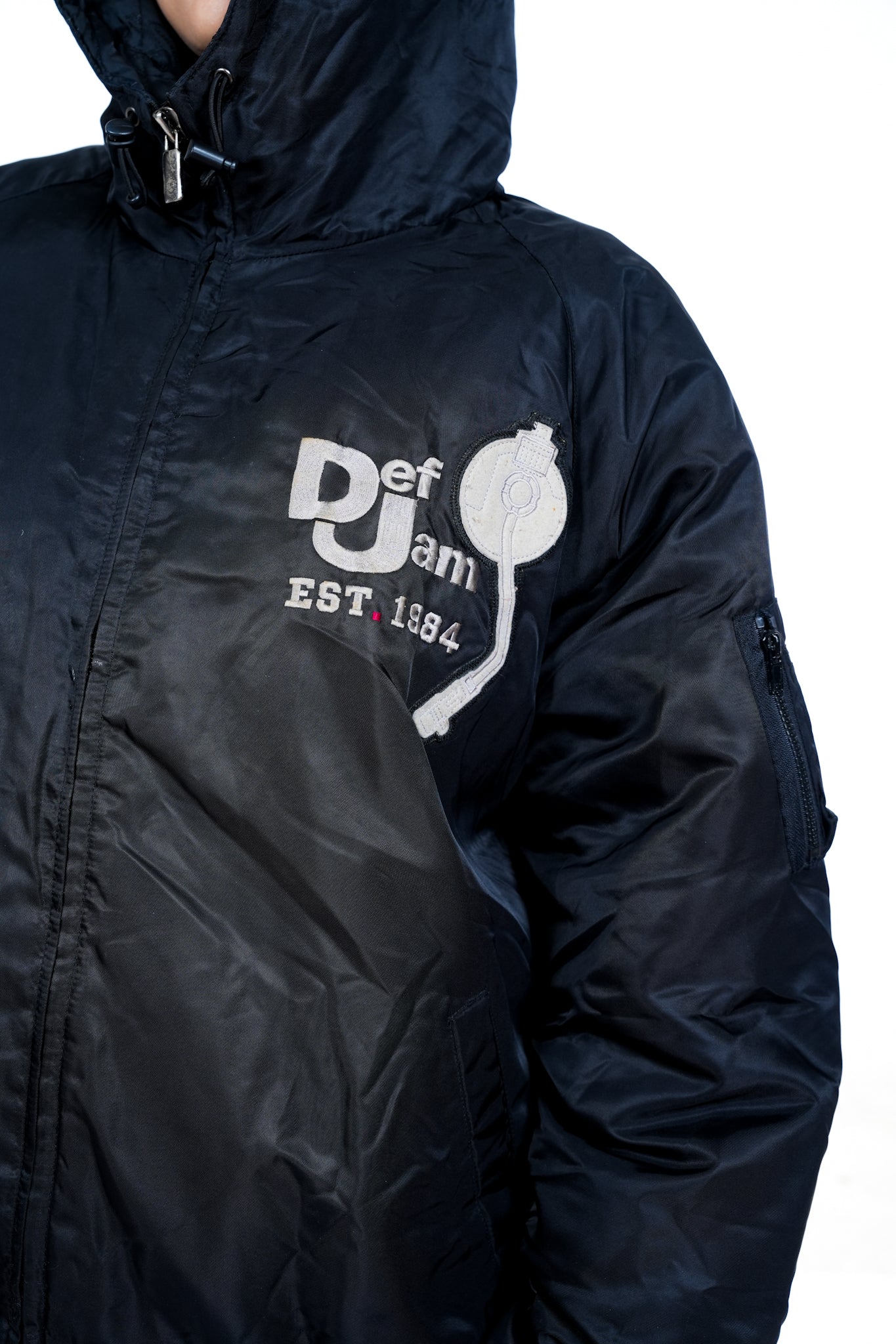 1990s Def Jam University Black Hooded Puffer Bomber Jacket