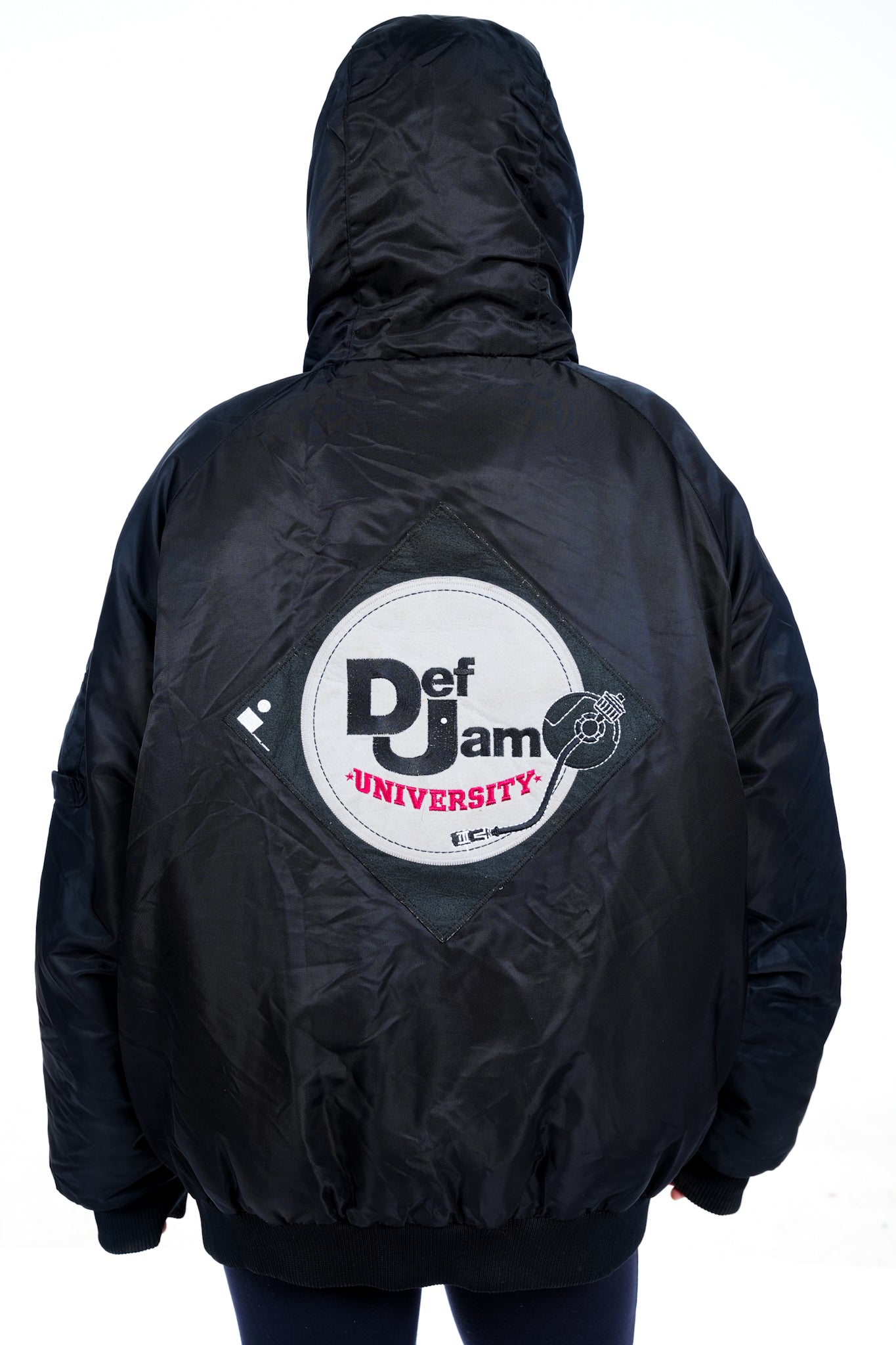 1990s Def Jam University Black Hooded Puffer Bomber Jacket