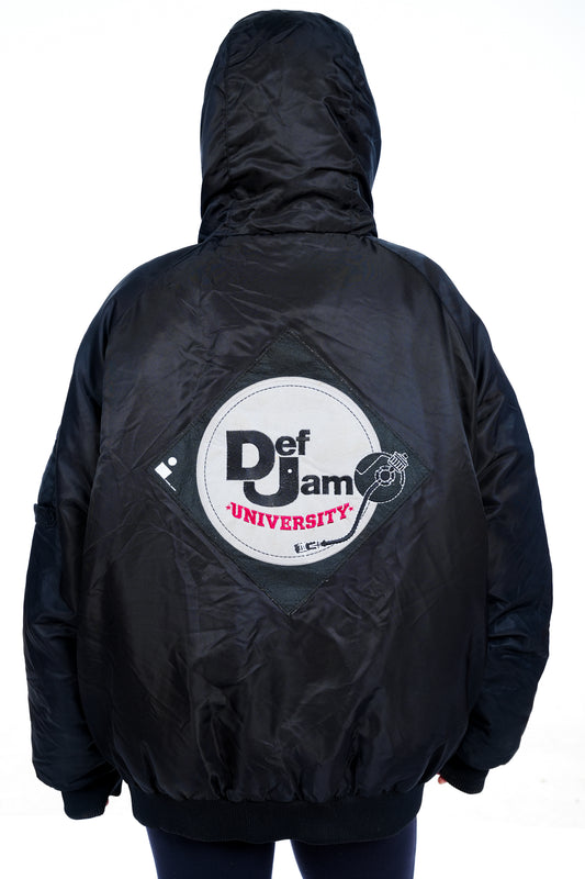 1990s Def Jam University Black Hooded Puffer Bomber Jacket