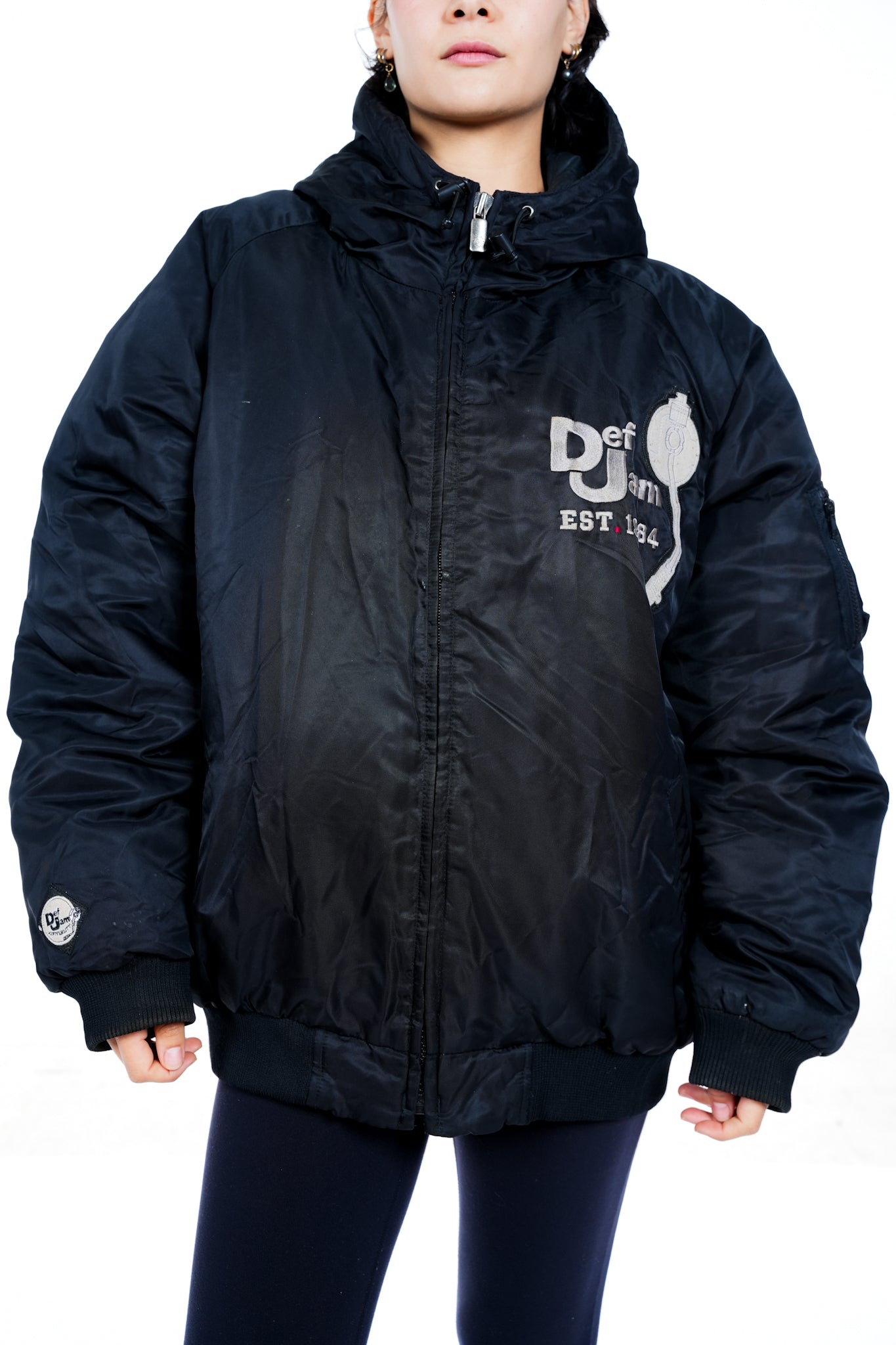 1990s Def Jam University Black Hooded Puffer Bomber Jacket