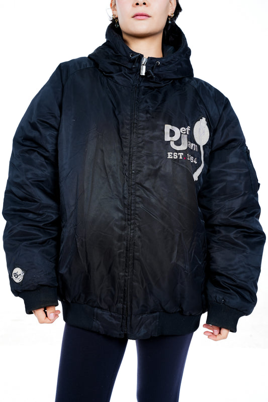 1990s Def Jam University Black Hooded Puffer Bomber Jacket