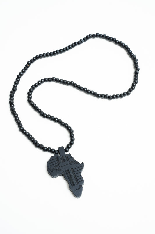 Black Beaded with Africa Pendant Wood Necklace