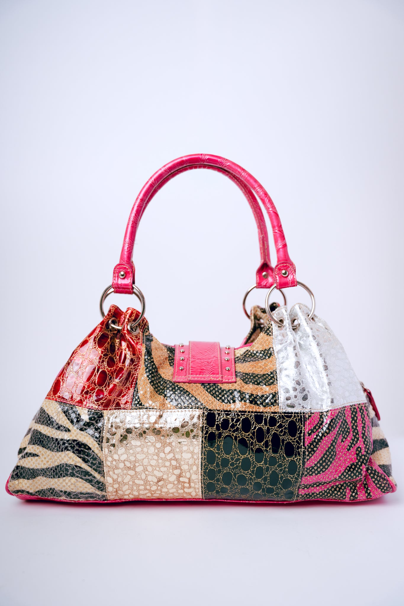 Pink with Patchwork, Silver Studs, & Rhinestone Buckle Crocodile Purse