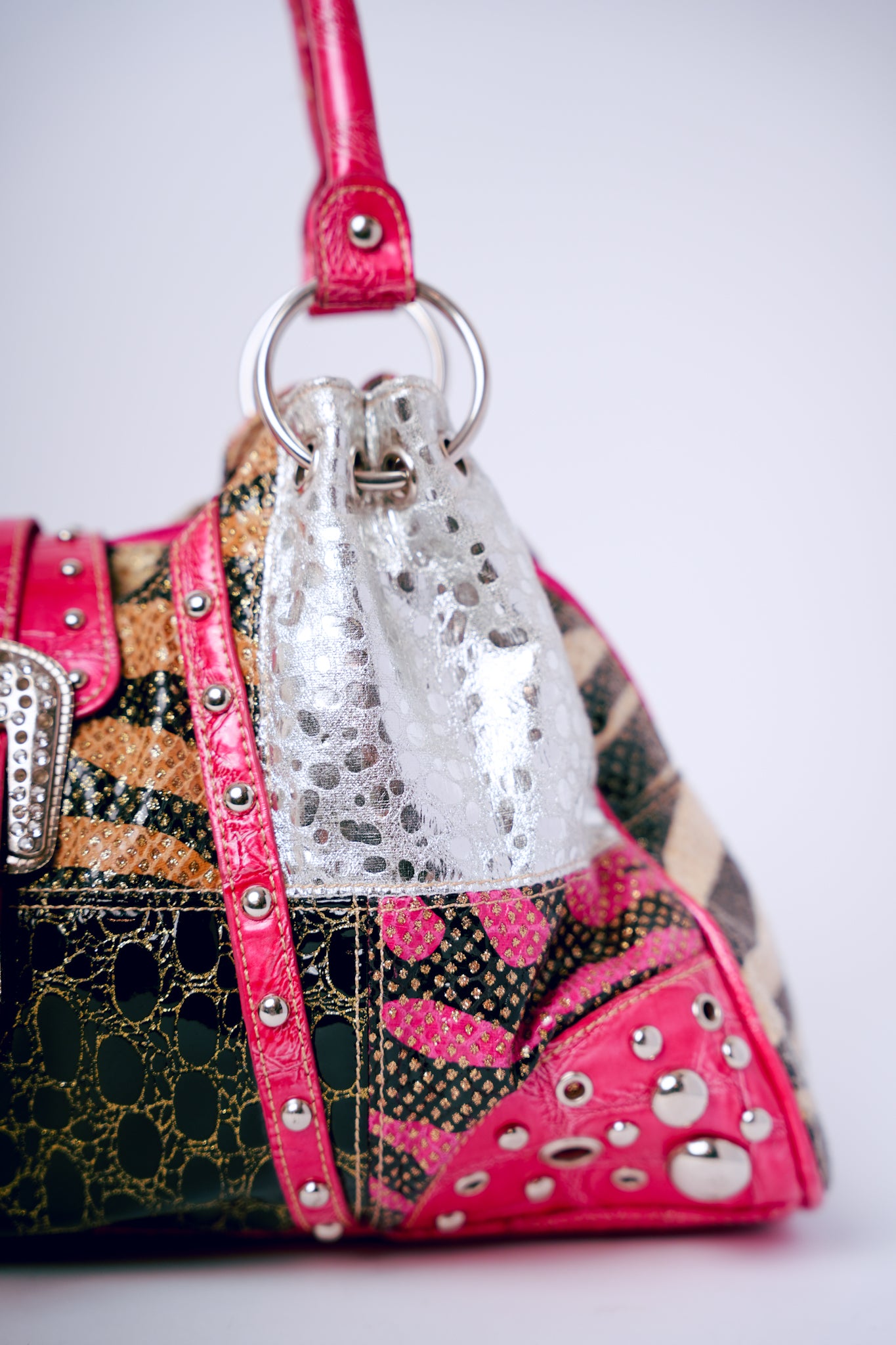 Pink with Patchwork, Silver Studs, & Rhinestone Buckle Crocodile Purse