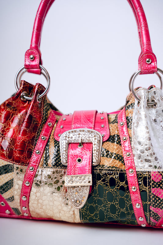 Pink with Patchwork, Silver Studs, & Rhinestone Buckle Crocodile Purse