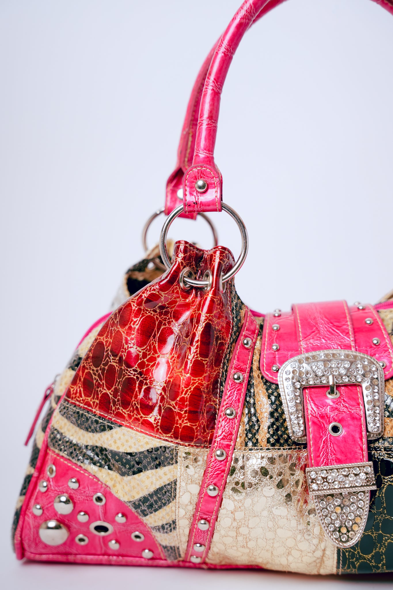 Pink with Patchwork, Silver Studs, & Rhinestone Buckle Crocodile Purse