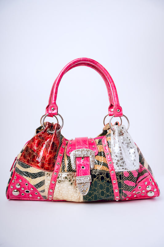 Pink with Patchwork, Silver Studs, & Rhinestone Buckle Crocodile Purse