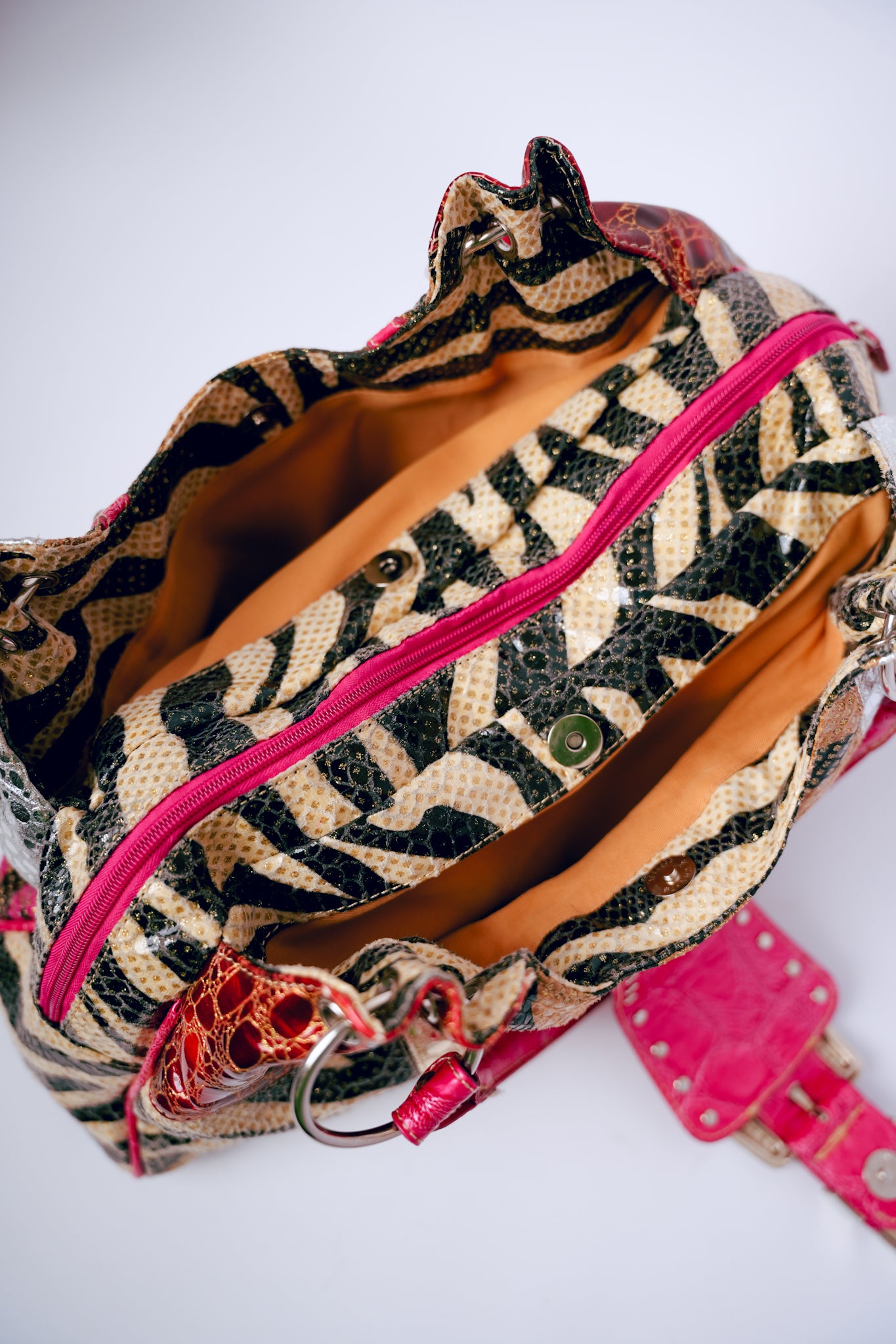 Pink with Patchwork, Silver Studs, & Rhinestone Buckle Crocodile Purse