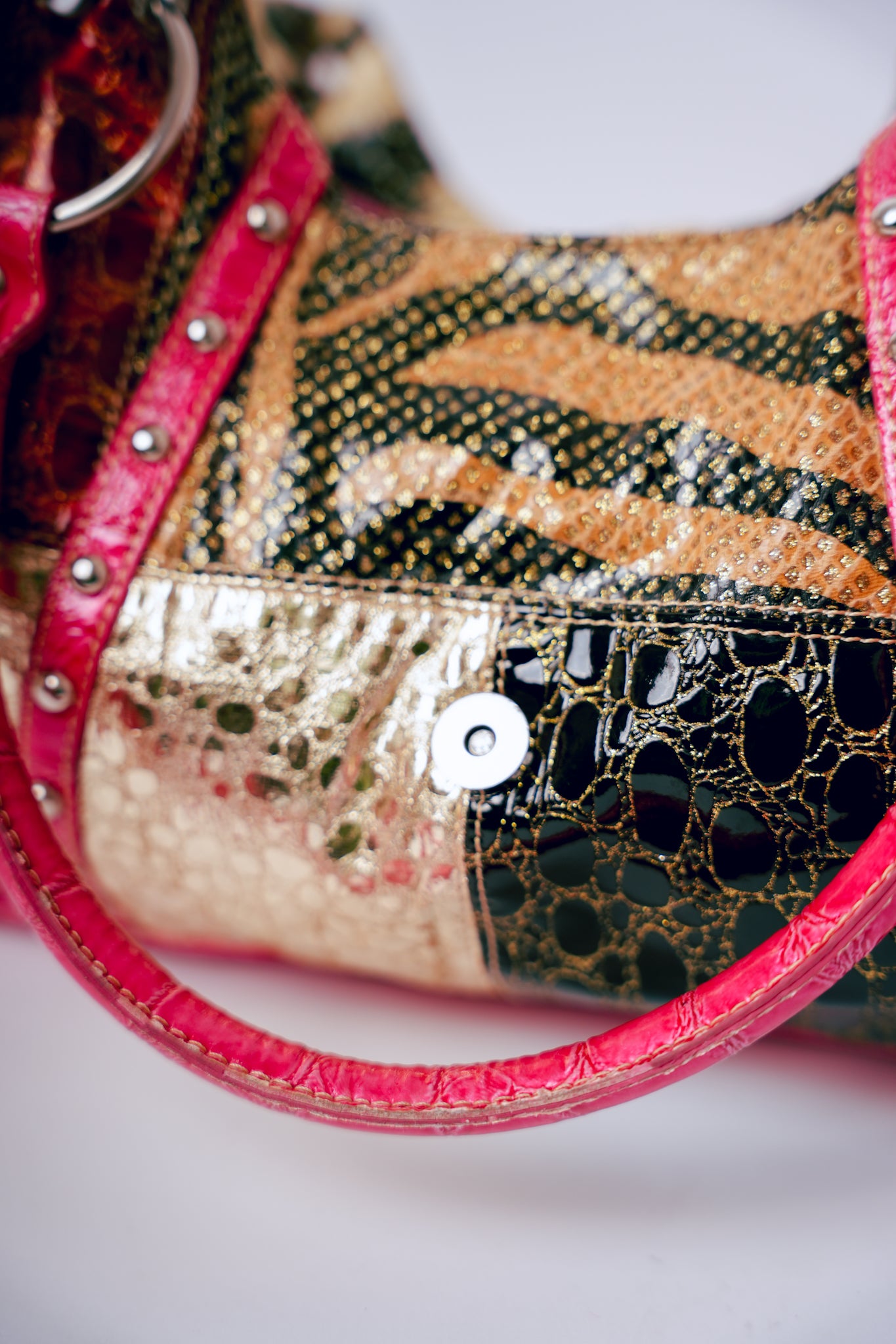 Pink with Patchwork, Silver Studs, & Rhinestone Buckle Crocodile Purse
