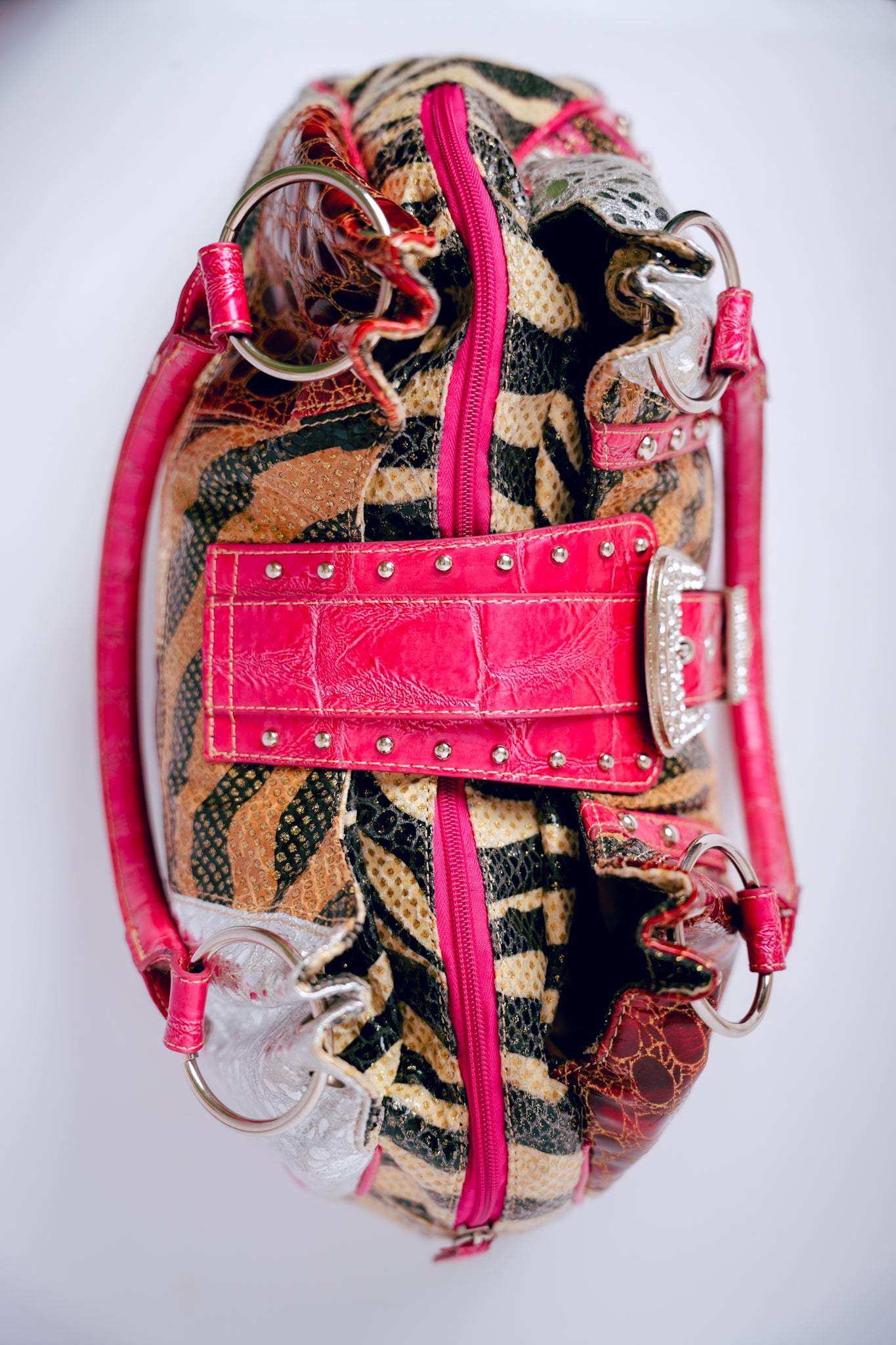 Pink with Patchwork, Silver Studs, & Rhinestone Buckle Crocodile Purse