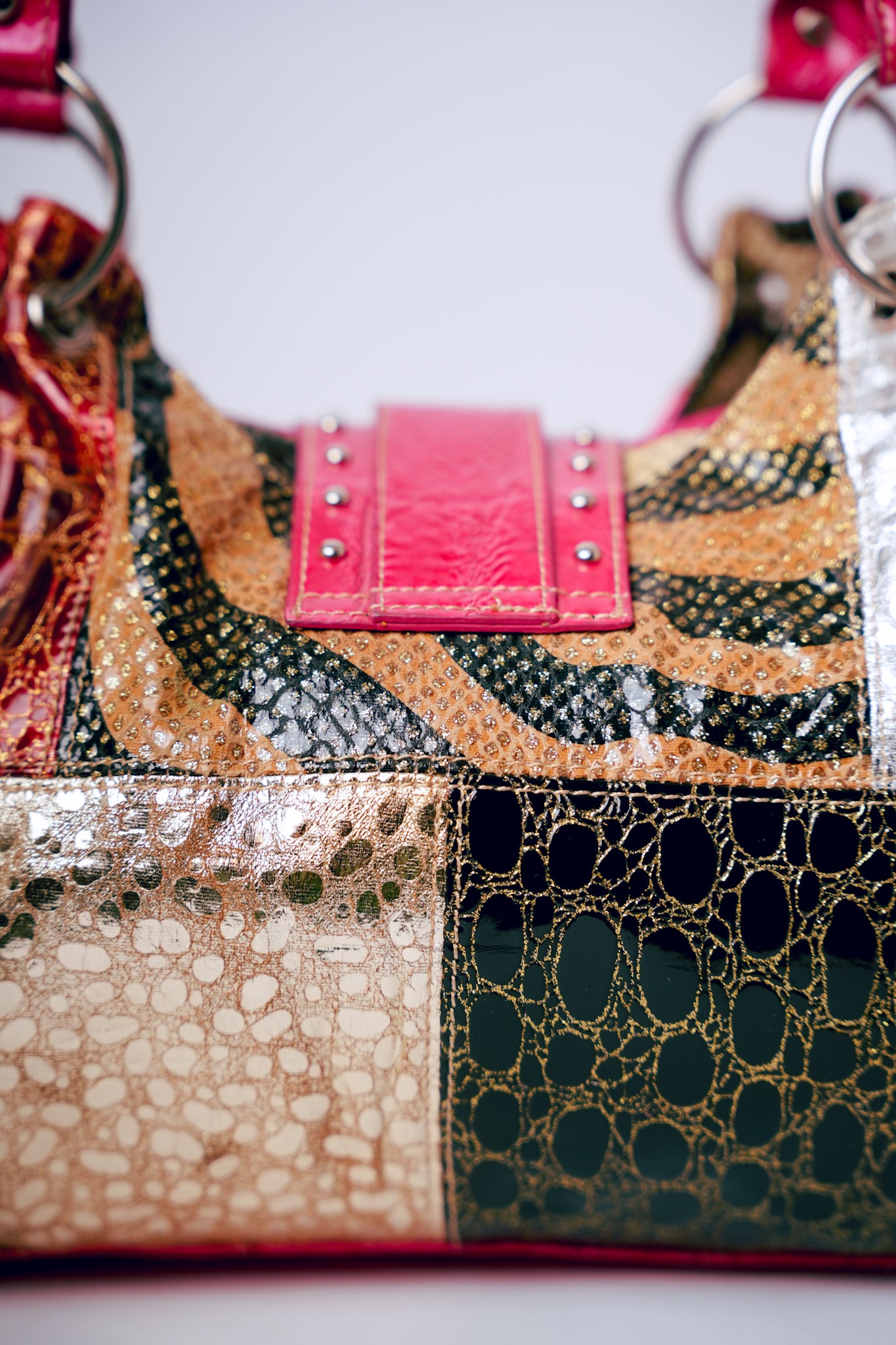 Pink with Patchwork, Silver Studs, & Rhinestone Buckle Crocodile Purse