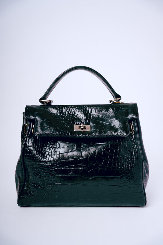 Black with Tightening Straps Crocodile Handbag