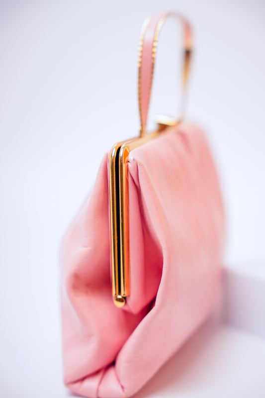 Vintage Pink Leather Clutch with Handle