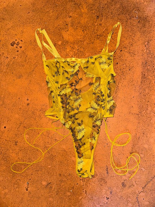 Yellow Embroidered Butterfly Mesh Bodysuit