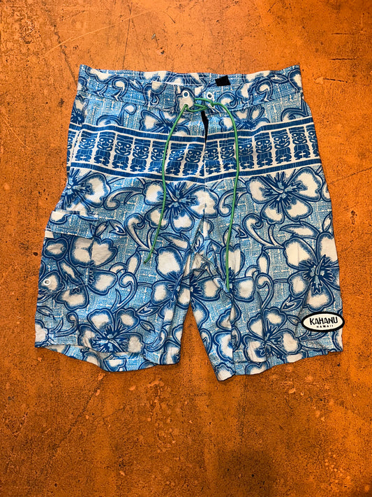 Kahanu Hawaii Blue Hibiscus & Tiki Board Shorts