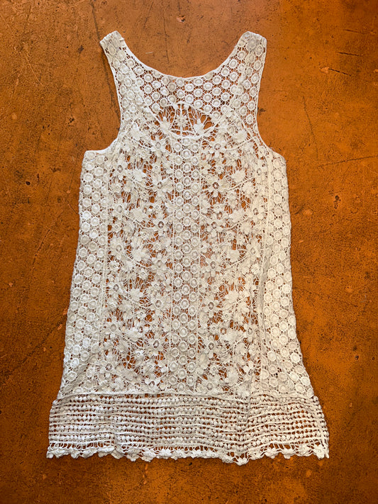 White Disk & Floral Crochet Lace Tank Dress