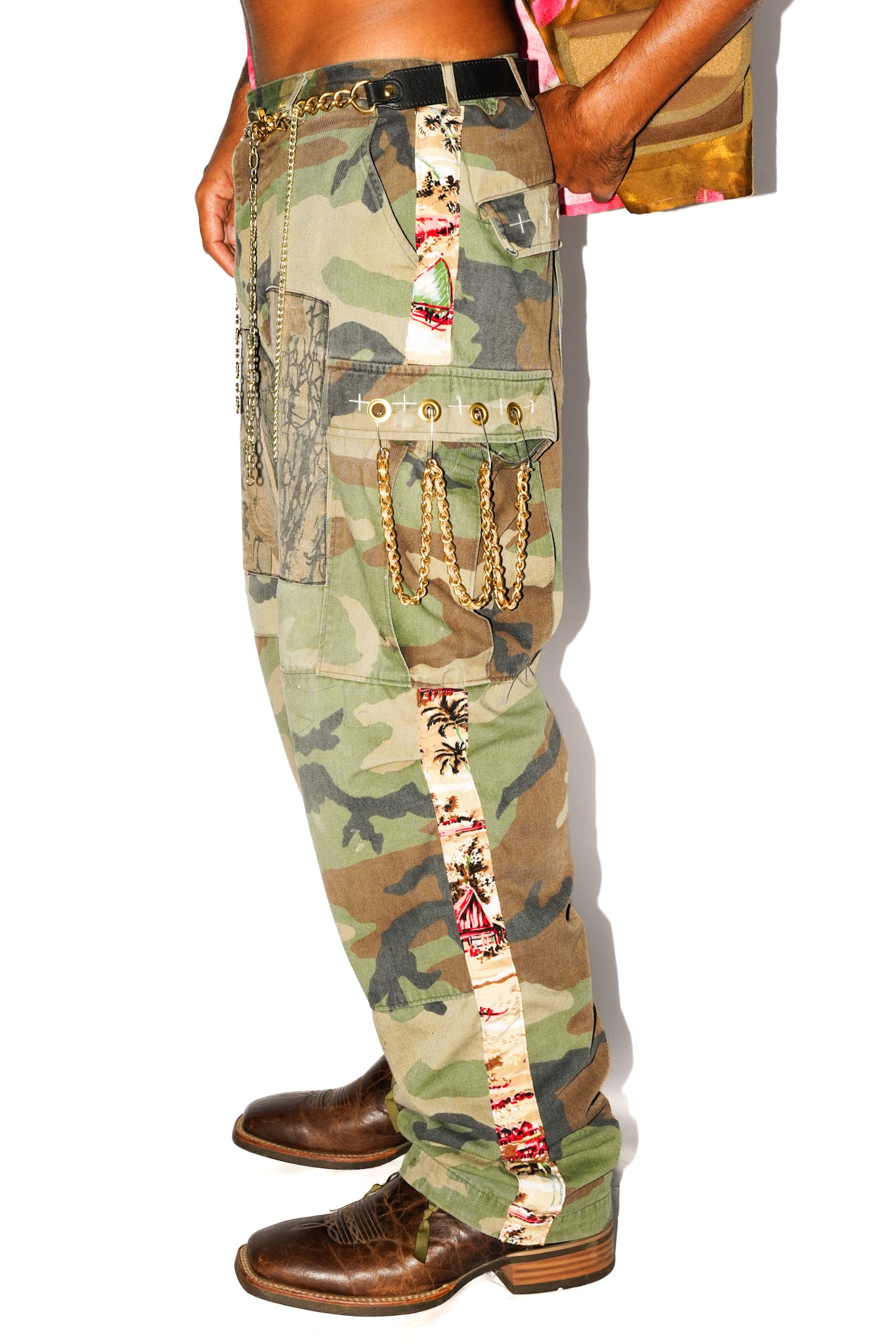 Upcycled Camo Pants w Vintage Aloha Fabric