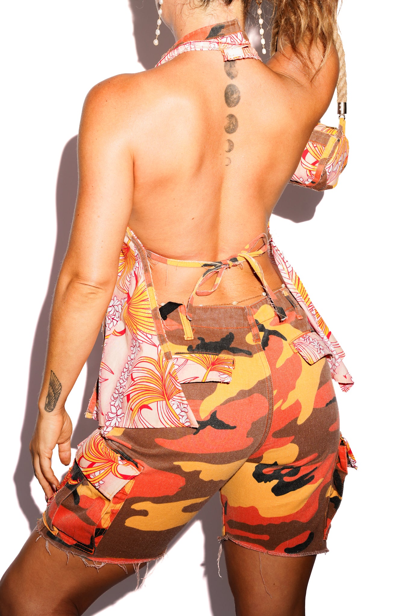 Saya Upcycled 3 Piece Set: Vintage Aloha Halter Top, Cargo Shorts, and Purse